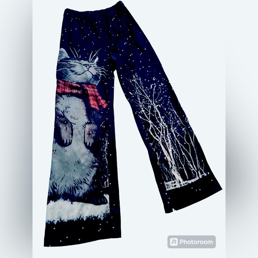 Cute winter snow kitty black lounge pants casual wear or pj bottoms Sz M
